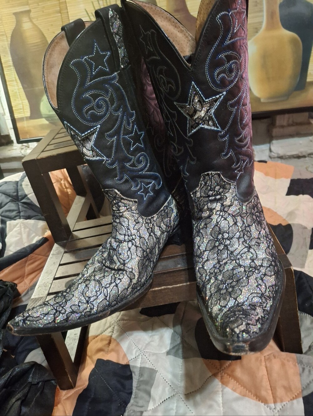 Men's Pointed Black And Glitter Cowboy Boots Made In  Mexico